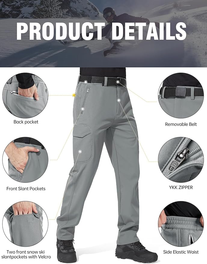 FREE SOLDIER Men's Outdoor Softshell Fleece Lined Cargo Pants Snow Ski Hiking Pants with Belt