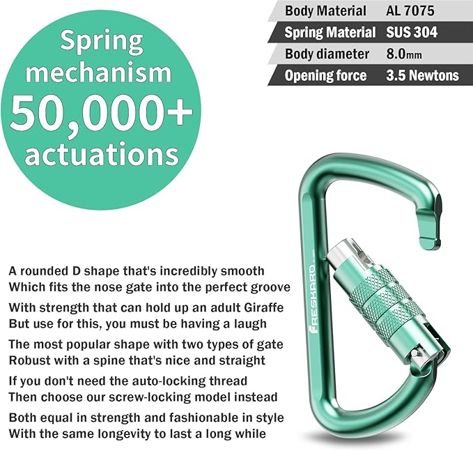 FresKaro 3inch 12kN-2698lbs Auto Locking Carabiner Clips, Solid D Shape, Heavy Duty 7075 Aluminum, Lightweight 1.09oz, Rust Proof, for Hammock, Hiking, Dog Leash, Keychain etc., Multi-Colors