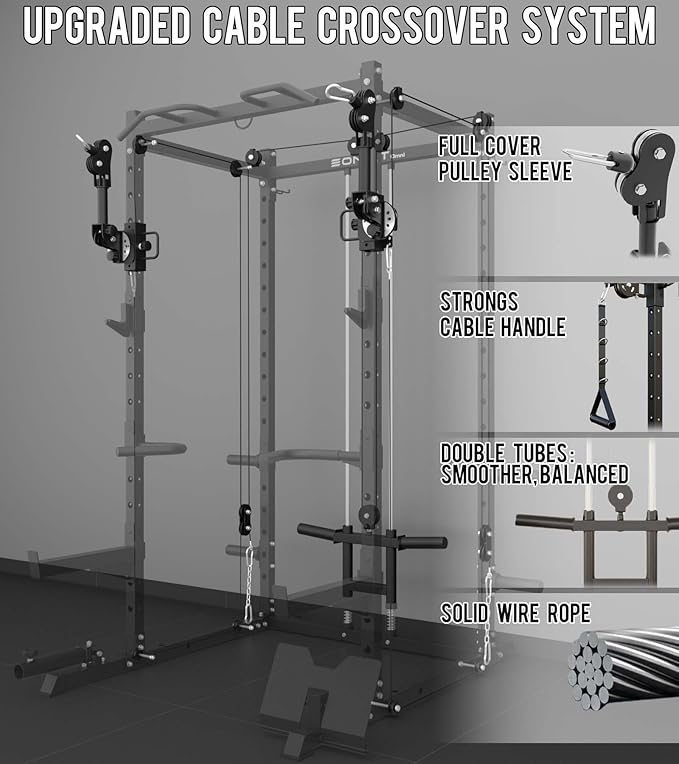 Eonfit E2 Power Cage，1500LB Squat Rack with Cable Crossover System.Multi-Function Power Rack for Home Gum.All-in-One Squat Rack with More Training Attachments