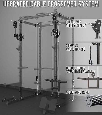 Eonfit E2 Power Cage，1500LB Squat Rack with Cable Crossover System.Multi-Function Power Rack for Home Gum.All-in-One Squat Rack with More Training Attachments