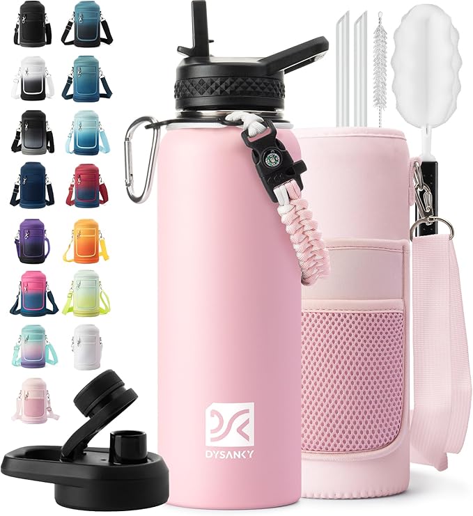 Insulated Water Bottle | Thickened Stainless Steel Vacuum Metal | Portable Sports Water Jug for Gym and Hiking with Straw, Carrier Bag, Handle Strap | BPA-Free 40 oz, Pink