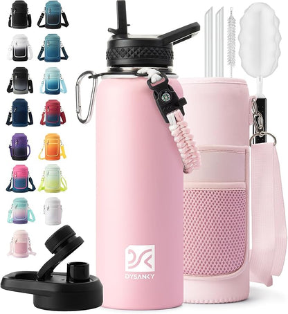 Insulated Water Bottle | Thickened Stainless Steel Vacuum Metal | Portable Sports Water Jug for Gym and Hiking with Straw, Carrier Bag, Handle Strap | BPA-Free 40 oz, Pink