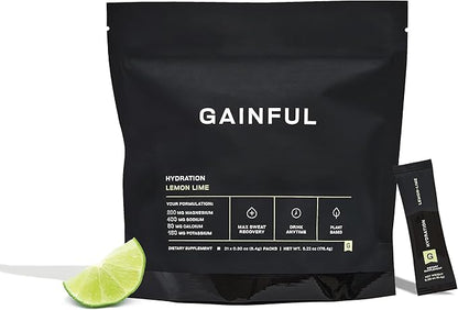 Gainful Hydration Powder Packets, Caffeine Free with Key Electrolytes Magnesium and Sodium, Energy Support, Low Sugar, Lemon Lime, 21 Sticks