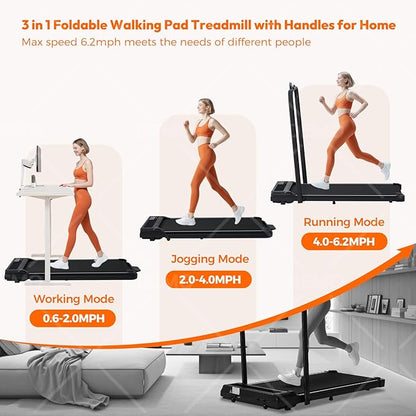 Portable Compact Treadmill with Handles for Home Small Spaces, Foldable Folding Walking Pad Treadmill with Handle Bar, 3.0HP Electric Walking Pads Treadmills Home with 320LB Capacity, LED Display