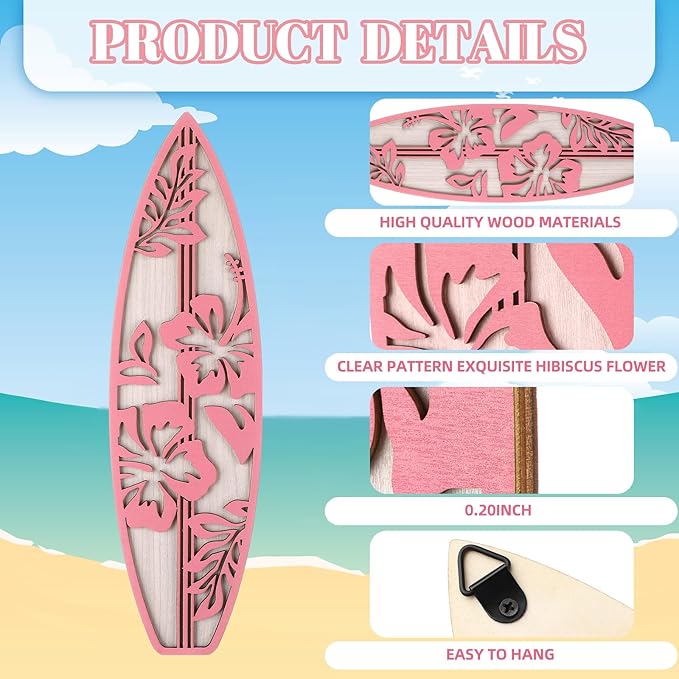 3 Pieces Hibiscus Surfboard Decor for Bedroom Wooden Beach Wall Decor Summer Wood Surfboard Wall Hanging Sign for Tropical Living Room Decoration(Pink)
