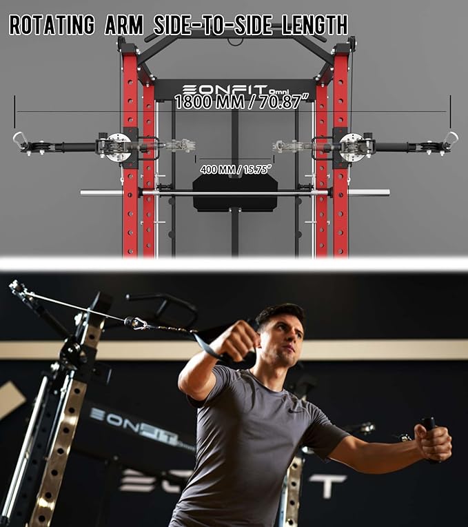 Eonfit E5 Smith Machine with Vertical Leg Press, Power Cage Squat Rack with LAT-Pull Down Cable Crossover Rotating Arms System Home Gym Equipment All in One (E5 RED)
