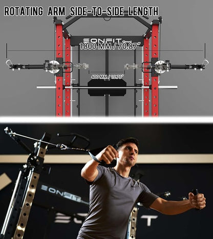 Eonfit E5 Smith Machine with Vertical Leg Press, Power Cage Squat Rack with LAT-Pull Down Cable Crossover Rotating Arms System Home Gym Equipment All in One (E5 RED)