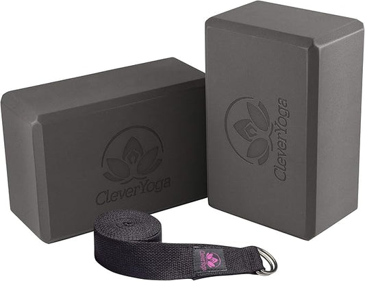 Clever Yoga Blocks & Strap - Lighweight Foam Yoga Blocks 2 Pack with 8ft Cotton Yoga Strap Set Kit for Beginners & Pros, Accessories & Equipment for Women & Men - Gray