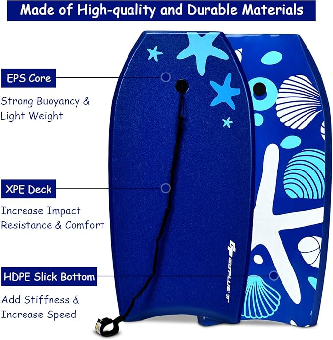 Goplus 41''/37''/33'' Lightweight Body Board for Beach, Surf Board with EPS Core, XPE Deck, HDPE Slick Bottom, Wrist Leash, Bodyboard for Kids Adults Surfing