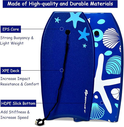 Goplus 41''/37''/33'' Lightweight Body Board for Beach, Surf Board with EPS Core, XPE Deck, HDPE Slick Bottom, Wrist Leash, Bodyboard for Kids Adults Surfing