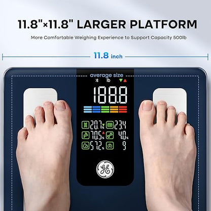 GE Scale for Body Weight Smart: Digital Bathroom Body Fat Scales 500lbs for BMI Muscle Bluetooth Smart Weight Monitor 11.8" Large Platform Weighing Machine Health Analyzer with App Dark Blue