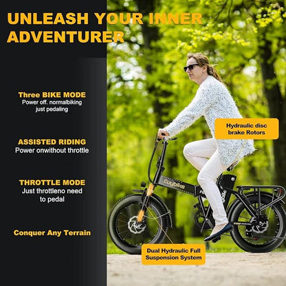 1000W Folding Electric Bike, 48V 20AH Large Removable Battery E Bike,30+MPH, 80 Miles Max Range, 20" Fat TireElectric Bike for Adults, Adult Electric Bicycles for CommuteBeach Snow