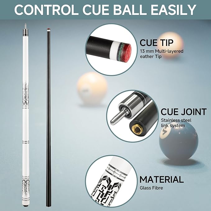 HomeSeason Glass Fiber Pool Cue 58" Professional Pool Stick 12.7mm 4-Layer Tip Low Deflection Cue Stick, 3 * 8/8Joint Pin, Ultra-Smooth, Billiard Cue Sticks
