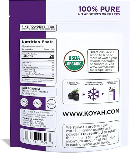 KOYAH - Organic Acai Powder (150g - 50 Servings): Brazil Grown, Freeze-Dried, 100% Pure, No Citric Acid Added, Great in Smoothies and Bowls
