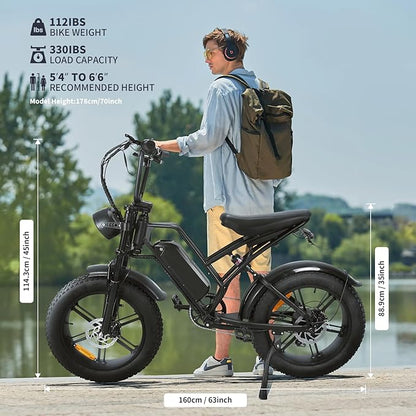 E500 Electric Bike for Adults 1000W Peak Motor, 20" Fat Tire Dirt E-Bike with 35MPH, 40 Miles PAS Range, Electric Bicycles with 48V Removable Battery, 7-Speed E Bike for Mountain Beach Sand Road Snow