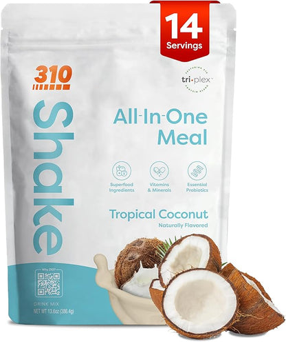 310 Nutrition All-In-One Meal Replacement Shake Powder - Plant-Based Protein Smoothie Blend w/High Fiber, Probiotics & Adaptogens - Low Carb, Vegan, Keto & Paleo Friendly - Tropical Coconut - 14 Srv