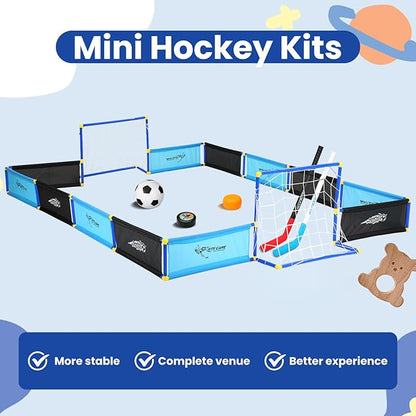 2-in-1 Knee Ice Hockey Set Rink Soccer Ball Indoor Mini Goals Set Include 2 Knee Hockey Sticks, 2 Goals, 12 Side Panels and an Inflatable Soccer Ball