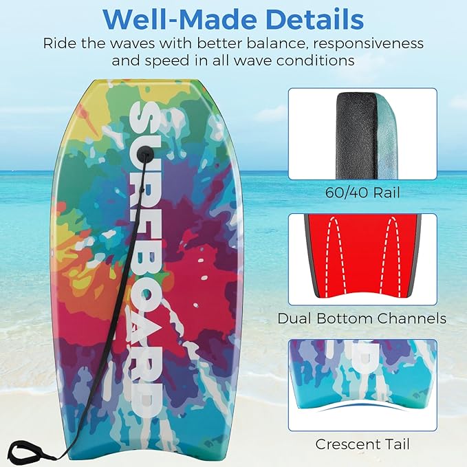 KOTEK 33/37/41 Inch Body Board with Wrist Leash, EPS Core, Dual Channel, HDPE Slick Bottom, Bodyboard for All Skill Levels & Wave Conditions