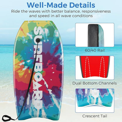 Goplus 41''/37''/33'' Lightweight Body Board for Beach, Surf Board with EPS Core, XPE Deck, HDPE Slick Bottom, Wrist Leash, Bodyboard for Kids Adults Surfing
