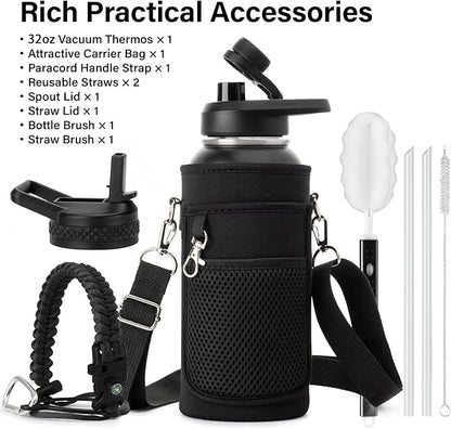 Insulated Water Bottle | Thickened Stainless Steel Vacuum Metal | Portable Sports Water Jug for Gym and Hiking with Straw, Carrier Bag, Handle Strap | BPA-Free 32 oz
