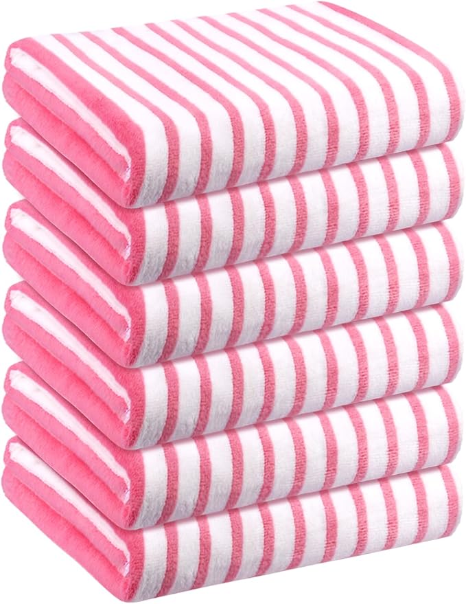 JML Microfiber Beach Towels, Quick Dry Bath Towel Set 6 Pack, 27" x 55" - Cabana Stripe -No Fading, No Linting Microfiber Towels for Hair Wrap, Pool, Bath, Sport, Yoga, Camping, Swimming, Pink