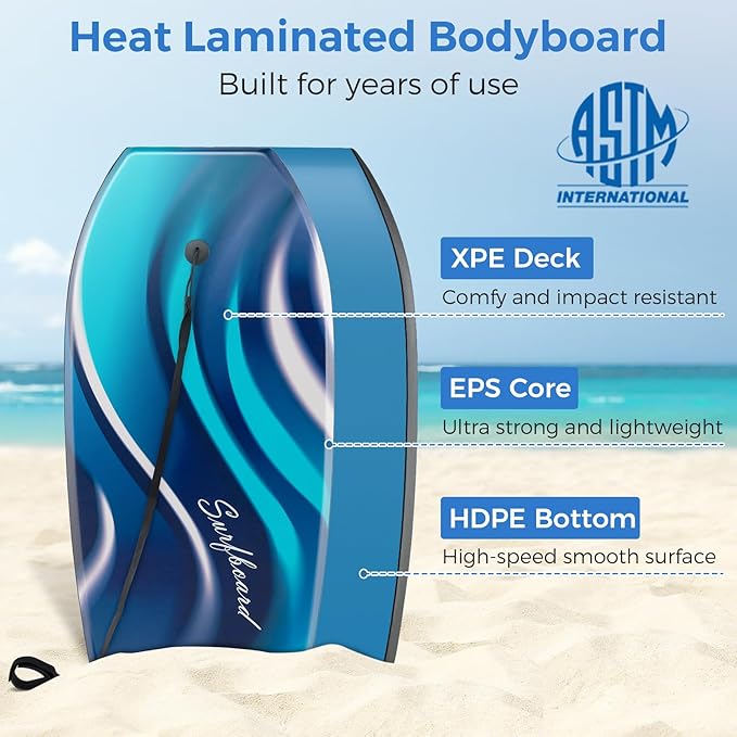 Goplus 41''/37''/33'' Lightweight Body Board for Beach, Surf Board with EPS Core, XPE Deck, HDPE Slick Bottom, Wrist Leash, Bodyboard for Kids Adults Surfing