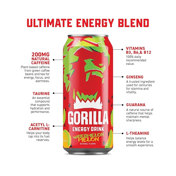 Gorilla Energy Drink, Watermelon Melon, 200mg Natural Caffeine, Real Fruit Juice Squeezed & Concentrated, L-Theanine, Taurine, Ginseng, Acetyl L-Carnitine, No Added Sugar and No Artificial Colors, 12 Pack