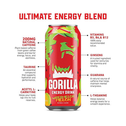 Gorilla Energy Drink, Watermelon Melon, 200mg Natural Caffeine, Real Fruit Juice Squeezed & Concentrated, L-Theanine, Taurine, Ginseng, Acetyl L-Carnitine, No Added Sugar and No Artificial Colors, 12 Pack