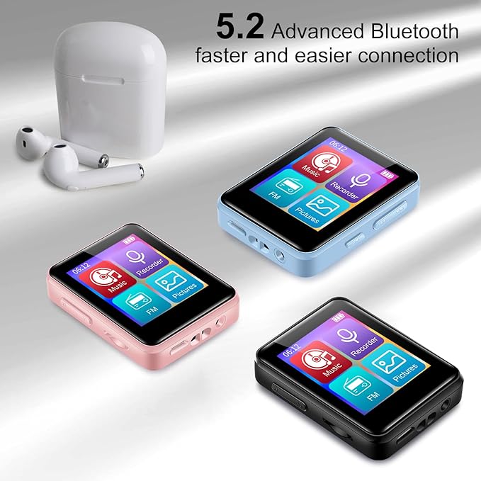 32GB MP3 Player with Bluetooth, 1.8 inch Screen, with FM Radio, Recorder, Portable Sport HiFi Music Player Up to 512GB, Blue