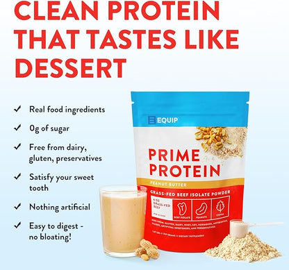 Equip Foods Prime Protein Powder | Clean, Grass Fed Beef Protein Powder for Women & Men | Carnivore Protein Isolate | Paleo, Keto Friendly | Gluten & Dairy Free | 30 Servings, Peanut Butter