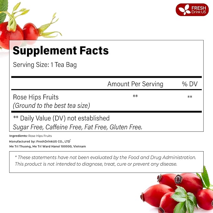 FreshDrinkUS, Premium 55 Rosehip Tea Bags, 100% Natural & Pure from Rose Hip Fruits. Loose Rosehip Herbal Tea. Made with Natural Material Tea Bags. No Sugar, No Caffeine, No Gluten, Vegan.