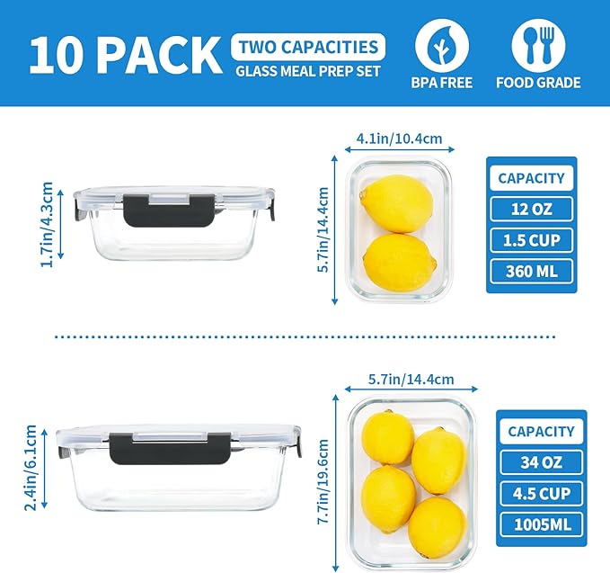 10-Pack Glass Food Storage Containers with Lids [Air-Tight,Leak-Resistant] Glass Containers for Food Storage, Meal Prep, Microwave, Freezer, Dishwasher Safe