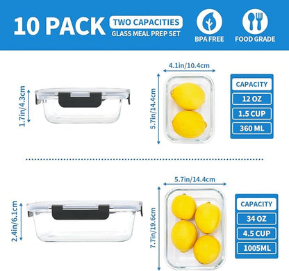 10-Pack Glass Food Storage Containers with Lids [Air-Tight,Leak-Resistant] Glass Containers for Food Storage, Meal Prep, Microwave, Freezer, Dishwasher Safe