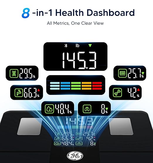 GE Smart Scale for Body Weight: Body Fat Scales Bathroom with BMI Muscle Mass 14 Body Composition Metrics with Large Display Accurate Bluetooth Weighing Machine with App 400 lbs