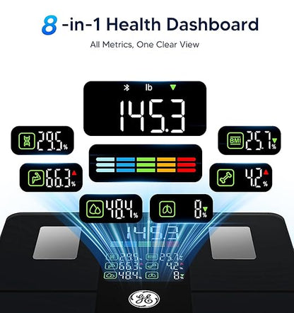 GE Smart Scale for Body Weight: Body Fat Scales Bathroom with BMI Muscle Mass 14 Body Composition Metrics with Large Display Accurate Bluetooth Weighing Machine with App 400 lbs