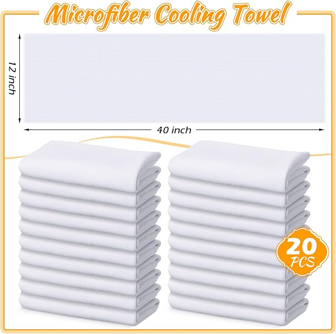 20 Pcs Cooling Towel 40" x 12" Ice Towel for Neck and Face Microfiber Chilly with Bag Breathable Yoga Gym Stay Cool Towels Sweat Rag for Workout Running Camping Pilates Beach Accessories (White)