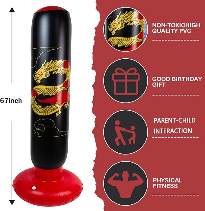 Larger Inflatable Punching Bag for Kids with Boxing Gloves,Tall 66 Inch Ninja Kids Inflatable Boxing Bag,Gifts for Boys & Girls Age 5-12 for Taekwondo,MMA and Practicing Karate