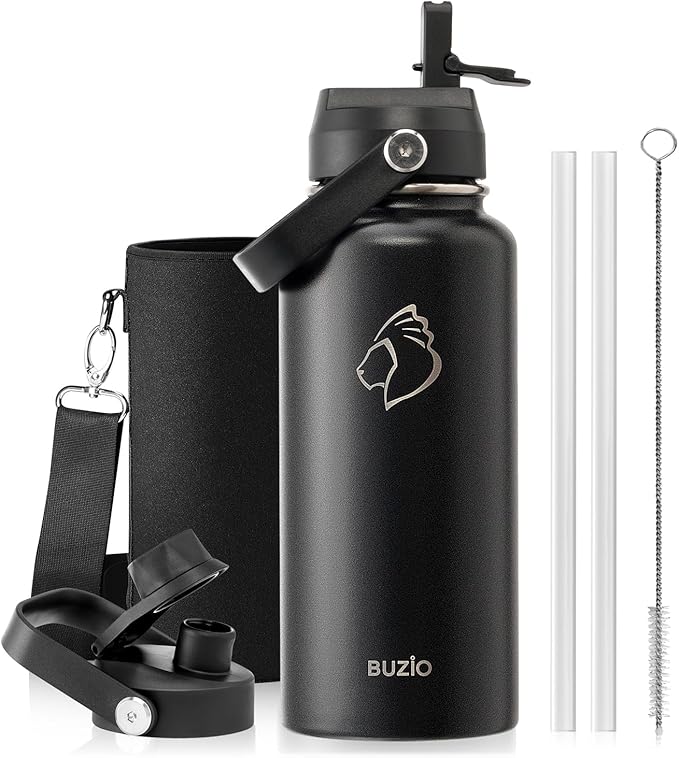 BUZIO Stainless Steel Water Bottle (Cold for 48 Hrs, Hot for 24 Hrs), 32 oz Vacuum Insulated Water Bottle with Straw Lid and Flex Cap (Double Wall, Wide Mouth, BPA Free, Leak Proof), Black