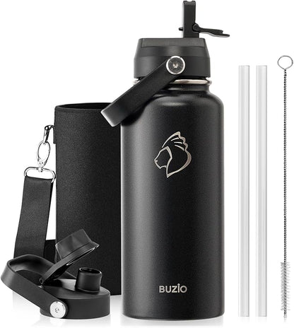 BUZIO Stainless Steel Water Bottle (Cold for 48 Hrs, Hot for 24 Hrs), 32 oz Vacuum Insulated Water Bottle with Straw Lid and Flex Cap (Double Wall, Wide Mouth, BPA Free, Leak Proof), Black
