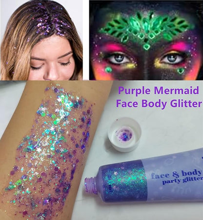 Go Ho Mermaid Purple Face Body Glitter Gel,Mardi Gras Outfit for Women Kids,Holographic Mermaid Chunky Sequins Glitters for Eye Lip Hair Nails,Festival Rave Accessories,52g