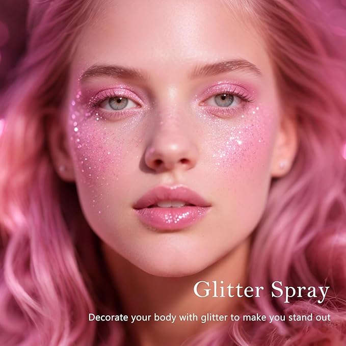 Holographic Body Glitter Spray - Shimmering Hair, Face & Body Sparkle for Festivals, Clothes, Nail Art Crafts Design & Special Events Makeup (Light Pink)
