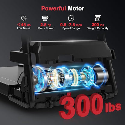 Redliro Treadmill for Seniors with Long Handrails - Recovery Machine for Walking 300 lbs Weight Capacity - Walking Treadmill Elderly with Desk & Cup Holder (Glossy Black)