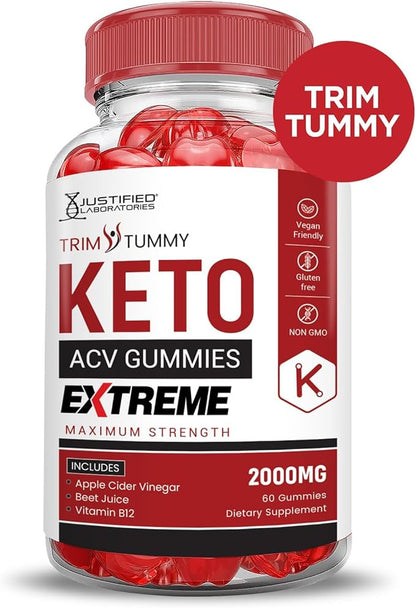 Justified Laboratories (5 Pack Trim Tummy Keto ACV Gummies Extreme 2000MG Trim Tummy Keto Gummies Apple Cider Vinegar Formulated with Pomegranate Beet Juice Powder B12 Vegan Non GMO 300 Gummys