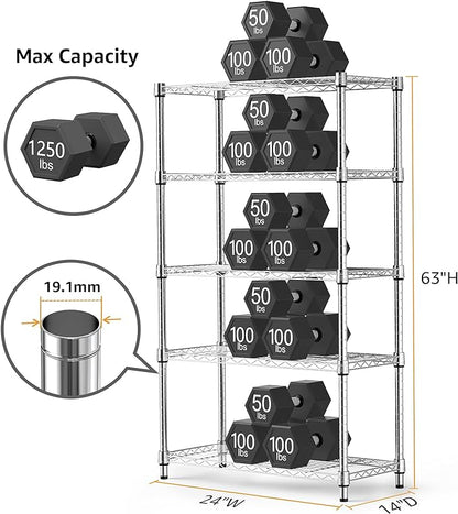 1250 lbs Steel Heavy Duty 5-Tier Utility Shelving Unit Steel Organizer Wire Rack for Home,Kitchen,Office,Chrome (13.7" D x 23.6" W x 62.4" H)