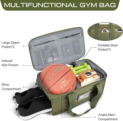 ETRONIK Gym Bags for Men, Large Tactical Duffle Backpack with Shoe Compartment, 3 in 1 Carry on Bag Travel Backpack with Wet Pocket, Weekender Overnight Range Bag for Workout Football Gym, Green