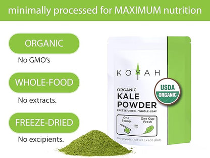 KOYAH - Organic USA Kale Powder (Equivalent to 30 Cups Fresh): Freeze-dried, Whole-Leaf Powder
