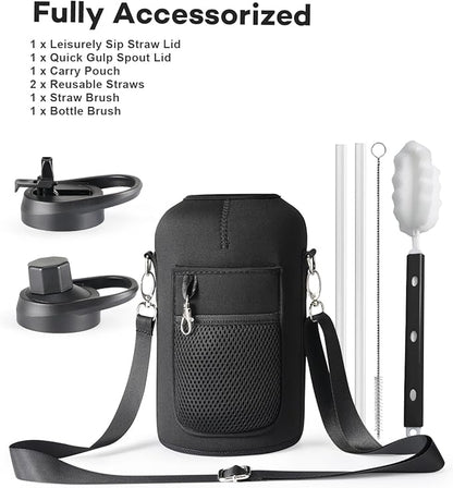 Half Gallon Water Bottle with Straw and Lid, 64 oz Insulated Stainless Steel Jug with Handle,Reusable Metal Travel Flask Mug Cup With Carry Pouch and Brush,Keep Cold & Hot,Black