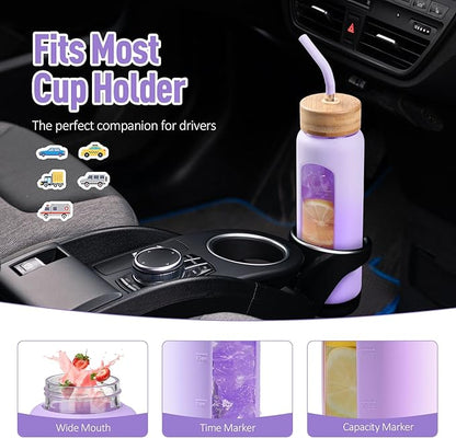 Kodrine Water Bottle with Straw, 24 oz Glass water Bottle with 2 Lids Bamboo Straw Lid and Spout Lid with Handle, 32 oz Clear Water Bottle Glass for Sports Travel, Waterbottle with Time Marker