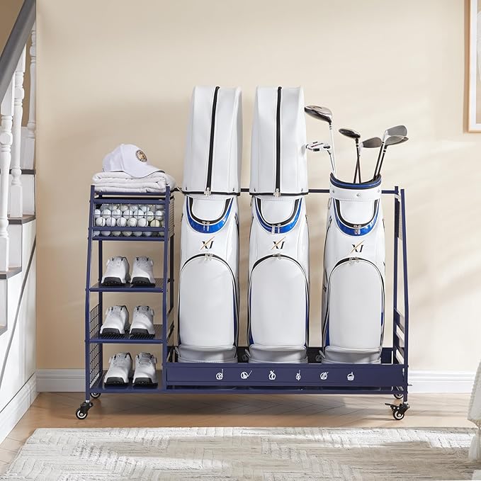 Lauren&Harold Golf Bag Organizer Garage Storage, Golf Storage Rack Stand Fits 2 Golf Bags, Golf Clubs and Other Golfing Equipment Accessories, Golf Organizer for Garage, Club, Shed, Basement