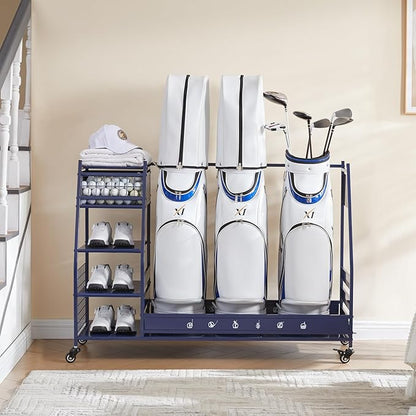 Lauren&Harold Golf Bag Organizer Garage Storage, Golf Storage Rack Stand Fits 2 Golf Bags, Golf Clubs and Other Golfing Equipment Accessories, Golf Organizer for Garage, Club, Shed, Basement